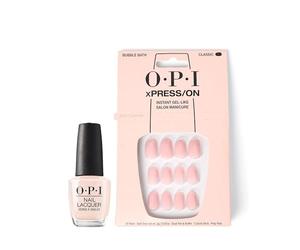 OPI xPRESS/ON Press On Nails & Cuticle Oil, 30 Pcs Reusable False Nails with up to 14 Days of Wear, Deeply Nourishing Cuticle Oil, Gel-Like Salon Manicure, Vegan, Bubble Bath Nude Nail Polish