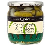 Opies Cornichons & Onions, 400g - Tangy Pickled Cornichons with Sweet Crunch of Pickled Onions in Vinegar & Mustard Seeds - Perfect for Cheese Boards, Sandwiches, Salads, Charcuterie & More.