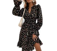 OPITUN Women's Dress Long Sleeve A Line Dress Surplice Short Dress Sleeves Elastic Floral Print Mini Dress(Black,Large)