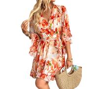 OPITUN Women's Dresses Retro Floral Print A Line Casual Dress Vintage Bridesmaid Dresses Short Sleeve Summer Dress(Tangerine Colour,Large)