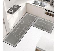 OPLERT 2 Pieces Kitchen Rugs, Non Slip Washable Kitchen Floor Mats, Water-absorbent, for Kitchen Hallway Living Room Bedroom,Grey,43x75+43x120cm