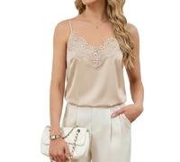 OPLKENR Silk Camisole Tops for Women, Sexy V-Neck Silk Satin Tank Tops Lace Trimmed Camisole, Apricot, M