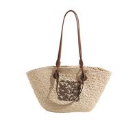 OPLKIOP Straw Shoulder Bag - Women's Woven Straw Handbag - Large Summer Beach Leather Tote With Zipper-White