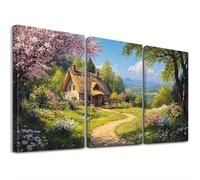 OPLKJHGF Blossom Country Hut Canvas Wall Art Garden Rural Path Print Farmhouse Bedroom Artwork Decor(40x60cmx3/Inner frame)