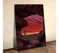 OPLKJHGF Desert Cave Sunset Canvas Wall Art Red Sky Saguaro Cactus Poster Painting Rustic Living Area Decor(60x80cm/Frameless)