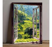 OPLKJHGF Open Window Tea Plantation Canvas Wall Art Green Hills Landscape Painting Cottage Style Wall Decor(30x40cm/Inner frame)