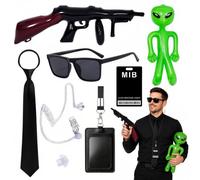 Oplurea Agent Costume Accessories Set, Secret Spy Fancy Dress for Adults | Black Tie, Glasses, Earpiece, ID Badge, Inflatable Alien And Costume Prop For Halloween, Spy Party And Fancy Dress