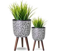 Opnons 2 Set Plant Pot with Stand 10 & 12 inches, Mid-Century Large Planter with Legs for Indoor Plants, Boho Print Standing Plant Pot with Drainage Plug for Monstera, Herb, Succulent Flower Pot