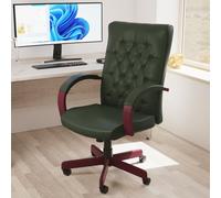 OPO Chesterfield Executive Office Chair Bonded Leather with Arms | Executive Swivel Chair with High Back Large Seat and Tilt Mechanism | Matching Wooden Arm and 5 Star Base Green