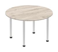 OPO Impulse Freestanding 1000/1200mm Circular Table Attractive Cable Managed Leg | Sturdy Build Weather & Heat Resistant Melamine Finish Meeting Table Grey Oak Aluminium 1000
