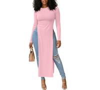 OPOIPIN Women's Crew Neck Split Slit Hem Long Sleeve Slim Fit Tee Top Long Shirt Tunic, Light Pink, L