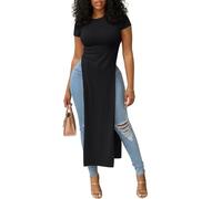 OPOIPIN Women's Crew Neck Split Slit Hem Short Sleeve Slim Fit Tee Top Long Shirt Tunic, Solid Black, XL