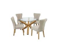 Oporto Glass Dining Table & 4 Naples Linen Effect Dining Chairs Beige