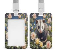 Opossum and Roses Badge Holder Waterproof Plastic ID Card Badge Holders with Lanyard Vertical Card Case Protector Pouch Clear Window Work Badges for Women Men