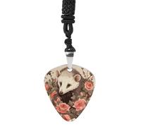 Opossum And Roses Guitar Pick Necklace Exquisite Titanium Steel Personalized Necklaces Cool Pendant Necklaces Fashion Guitar Pick Holder Necklace Unique Gifts for Adult