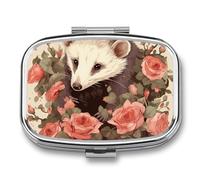 Opossum and Roses Pill Box Travel Pill Organizer 2-Compartment with Mirror Design Portable Square Medicine Case for Vitamins, Jewelry & Essentials Durable Pocket Pillcase for Purse, Camping