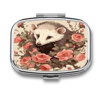 Opossum and Roses Pill Organizer with 2 Compartments Portable Pill Container Small Pill Box for Purse Travel Essentials Metal Pill Case Mini Medicine Container for Daily Use