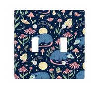 Opossum Double Light Switch Cover Plate, Playful Nature-Inspired Mushroom Flower Autumn Navy Plastic Standard Size Decorative Wall Plates for Home Living Room New Apartment Decor