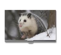 Opossum In Snow Business Card Holder, Personalized Metal Name Card Case, Portable Pocket Card Organizer with Buckle Closure, Professional Business Card Container for Office