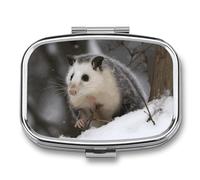 Opossum in Snow Pill Box 2 Compartment Portable Travel Pill Case with Mirror Square Metal Medicines Storage Container Pocket Medicine Box to Hold Vitamins Fish Oil