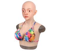 Oppaionaho Crossdressing Female Mask with Silicone Breastplate Fake D Cup Breast Drag Queen Cosplay (#05,Cotton Filler)