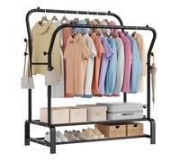 OPPAIYA Heavy Duty Clothes Rail with Double Hanging Rods & 8 Hooks, Clothing Rack with Wide Bottom Base, Portable Free Standing Clothes Rack for Bedroom, Closet, Laundry - 110cm x 51cm x 145cm Black