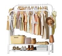 OPPAIYA Metal Clothes Rail, Heavy Duty Double Garment Rack with 8 Hanging Hooks & 2-Tier Shoe Shelf, Free Standing Open Wardrobe Hanging Rails for Bedroom and Laundry (110×51×145cm)-White