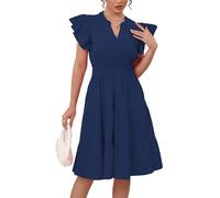 Oppchy Women's Summer Midi Dresses Casual Ruffle Sleeve V-Neck Flowy Tiered Beach Vacation Party Sundress, Navy Blue, XXL