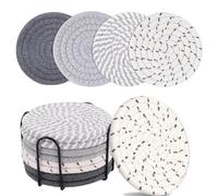 OPPOLIFE 8 Pcs Coasters for Drinks, 4 Colors Absorbent Coasters with Holder, Heat-Resistant Cotton Woven Coaster Set for Home Decor Tabletop Protection Suitable for Kinds of Cups, 4.3 Inches