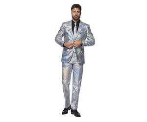 OppoSuits Men's Silver Suit - New Years Eve Party Costume - Holographic Checkered Silver - Includes Matching Jacket, Pants & Tie - Size: US 44