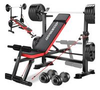 OPPSDECOR 8-in-1 Foldable Weight Bench Set with Squat Rack, Adjustable Bench Press Home Gym System for Full-Body Workout, Flat Incline Decline Sit Up Bench with Removable Foot Catch & Elastic Ropes