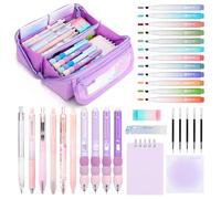 OPPZZIT Pencil Case with Stationery Included, 32 Pcs School Stationery Set with 12 Highlighters, 1 Mechanical Pencil, 5 Gel Pens & 4 Erasable Pens, Filled Large Capacity Pencil Case for Girls, Purple