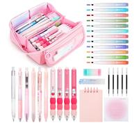 OPPZZIT Pencil Case with Stationery Included, 32 Pcs School Stationery Set with 12 Highlighters, 1 Mechanical Pencil, 5 Gel Pens & 4 Erasable Pens, Filled Large Capacity Pencil Case for Girls, Pink