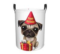 OPSREY Cute Happy Birthday Pug Puppy printed Round Laundry Basket Organiser with Handles Toy and Clothes Storage Basket