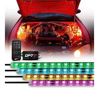 OPT7 Aura Engine Bay RGB LED Lighting Kit with Remote Control, 4 pc 12" Under Hood LED Light Strips, Multi Color Mode, Exterior Neon Accent Lights for Car Truck RV SUV