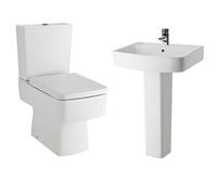 Optic Square Ceramic Bundle - Compact Semi Flush to Wall Toilet Pan & Cistern, Seat, 600mm Basin & Full Pedestal - Balterley