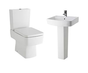 Optic Square Ceramic Bundle - Semi Flush to Wall Toilet Pan, Cistern & Soft Close Seat + 520mm Basin & Full Pedestal - Balterley