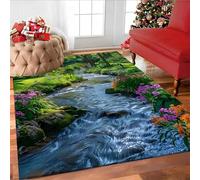 Optical Illusion Area Rug, 80x150cm 3D Green Forest Plants Creek Printed Rugs, Washable Easy Clean Bedroom Kitchen Rich Natural Scenic Area Mat With Non-Slip Rubber Backing Low Pile Rug
