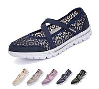 Optigard Women's Lace Mesh Adjustable Breathable Flat Walking Shoes Casual Non-Slip Lightweight Sneakers Comfortable Slip-On Shallow Mouth Mom Shoes Nurse Working Shoes Mary Jane Shoes, Blue, 8 UK