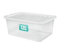 Optimal Products 1 x 12 Litre Clear Plastic Storage Box With Lids UK BRITISH MADE Home Office Stackable Transparent Plastic Boxes, Size 5,11,24,28,35,45,62 Litre