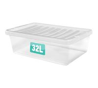 Optimal Products 1 x 32 Litre Underbed Clear Plastic Storage Box With Lids UK BRITISH MADE Home Office Stackable Transparent Plastic Boxes, Size 5,11,24,28,35,45,62 Litre