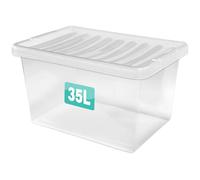 Optimal Products 1 x 35 Litre Clear Plastic Storage Box With Lids UK BRITISH MADE Home Office Stackable Transparent Plastic Boxes, Size 5,11,24,28,35,45,62 Litre