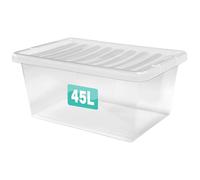 Optimal Products 1 x 45 Litre Clear Plastic Storage Box With Lids UK BRITISH MADE Home Office Stackable Transparent Plastic Boxes, Size 5,11,24,28,35,45,62 Litre