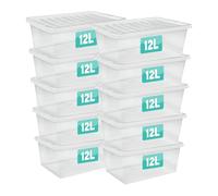 Optimal Products 10 x 12 Litre Clear Plastic Storage Box With Lids UK BRITISH MADE Home Office Stackable Nestable Transparent Plastic Boxes, Size 5,11,24,28,35,45,62 Litre (10 Boxes, 12 Litre)