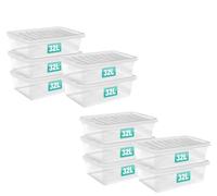 Optimal Products 10 x 32 Litre Underbed Clear Plastic Storage Box With Lids UK BRITISH MADE Home Office Stackable Transparent Plastic Boxes, Size 5,11,24,28,35,45,62 Litre
