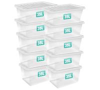 Optimal Products 10 x 35 Litre Clear Plastic Storage Box With Lids UK BRITISH MADE Home Office Stackable Transparent Plastic Boxes, Size 5,11,24,28,35,45,62 Litre