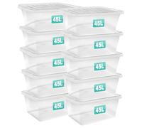 Optimal Products 10 x 45 Litre Clear Plastic Storage Box With Lids UK BRITISH MADE Home Office Stackable Nestable Transparent Plastic Boxes, Size 5,11,24,28,35,45,62 Litre