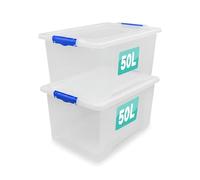 Optimal Products 2 x Storage Boxes With Clip Lock Lids 50 Litre Sturdy Heavy Duty Clear Stackable Lockable Multipurpose Plastic Storage Box Indoor/Outdoor Containers Home,Office,Kitchen,Garage