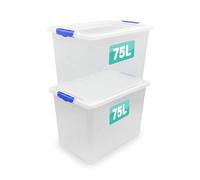 Optimal Products 2 x Storage Boxes With Clip Lock Lids 75 Litre Sturdy Heavy Duty Clear Stackable Lockable Multipurpose Plastic Storage Box Indoor/Outdoor Containers Home,Office,Kitchen,Garage
