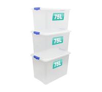 Optimal Products 3 x Storage Boxes With Clip Lock Lids 75 Litre Heavy Duty Clear Stackable Lockable Multipurpose Plastic Storage Box Indoor Outdoor Containers Home,Office,Kitchen,Garage